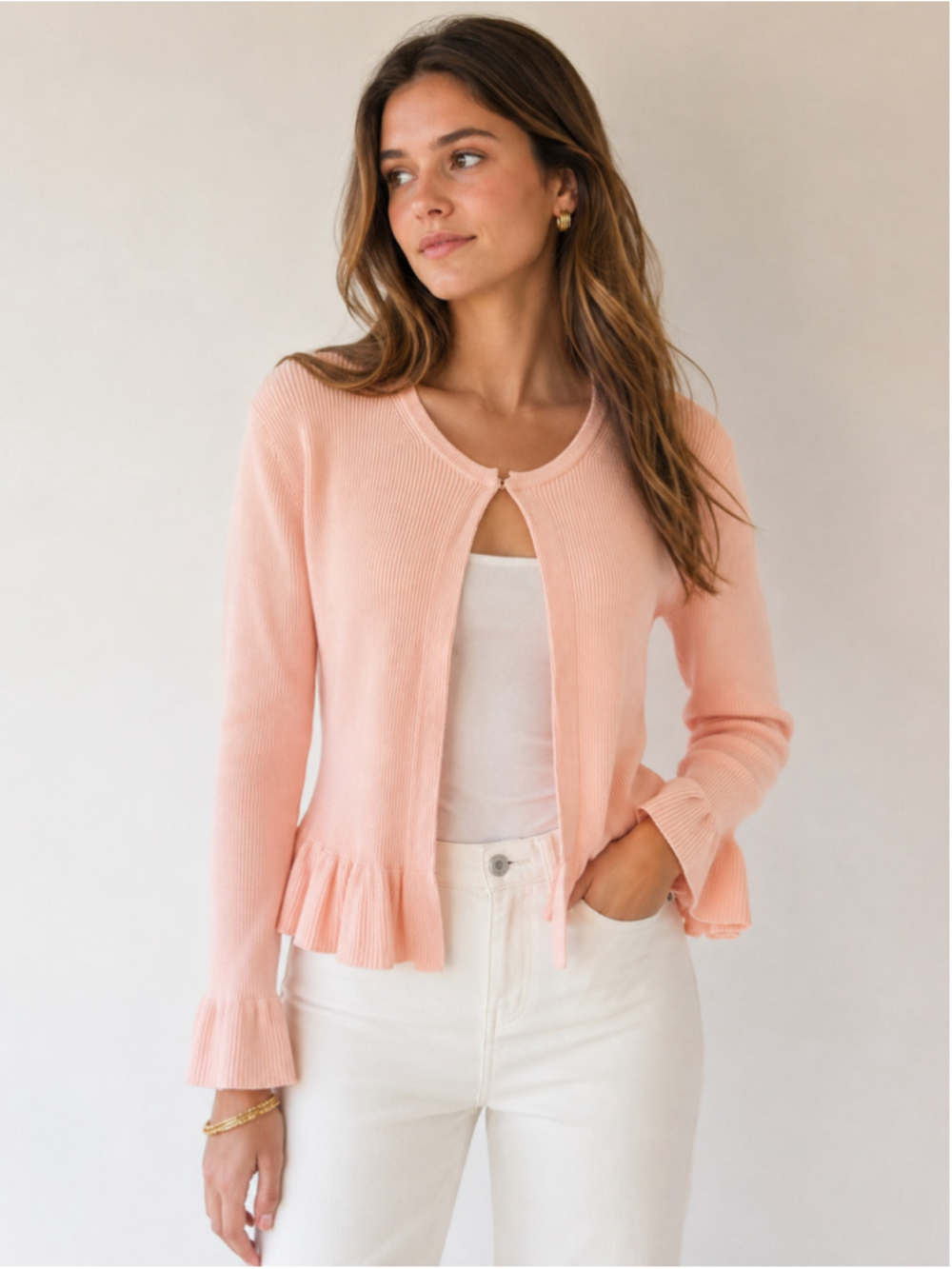 Gal Meets Glam Pink Ribbed Ruffle Cardigan Size M